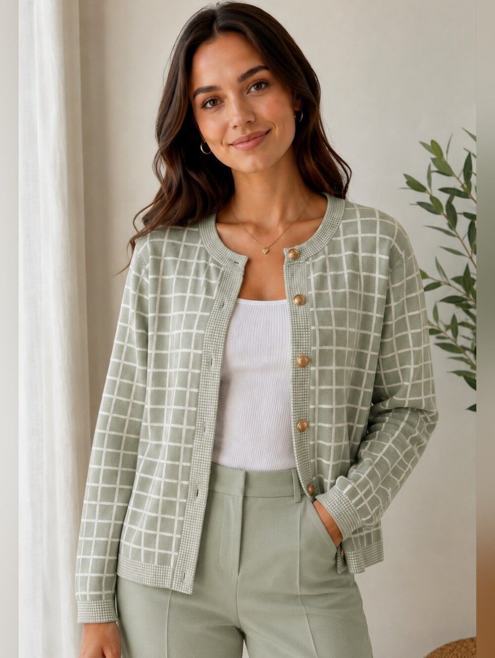 Marled Sage Grid Button-Front Women's Cardigan Sweater NWT